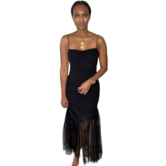 Dave & Johnny Vintage Black Sheer Mesh Plunging V-Back Formal Maxi Dress - Picture 1 of 13